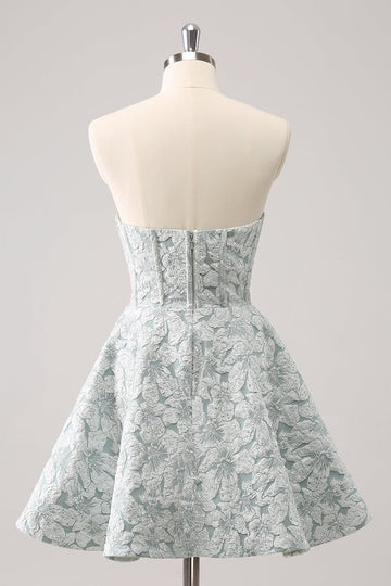 Vestido de fiesta corto floral sin tirantes verde gris